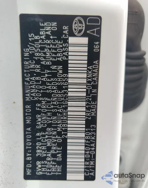 2016 Toyota Corolla L из США, поврежденный, VIN 2T1BURHE1GC531659